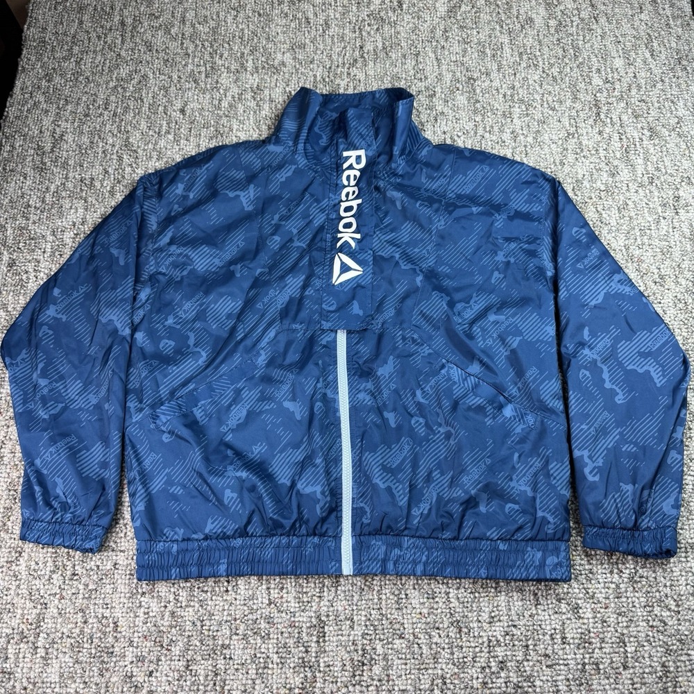 Reebok Jacket Women Medium Windbreaker Full Zip Track Lightweight Logo Camo Blue